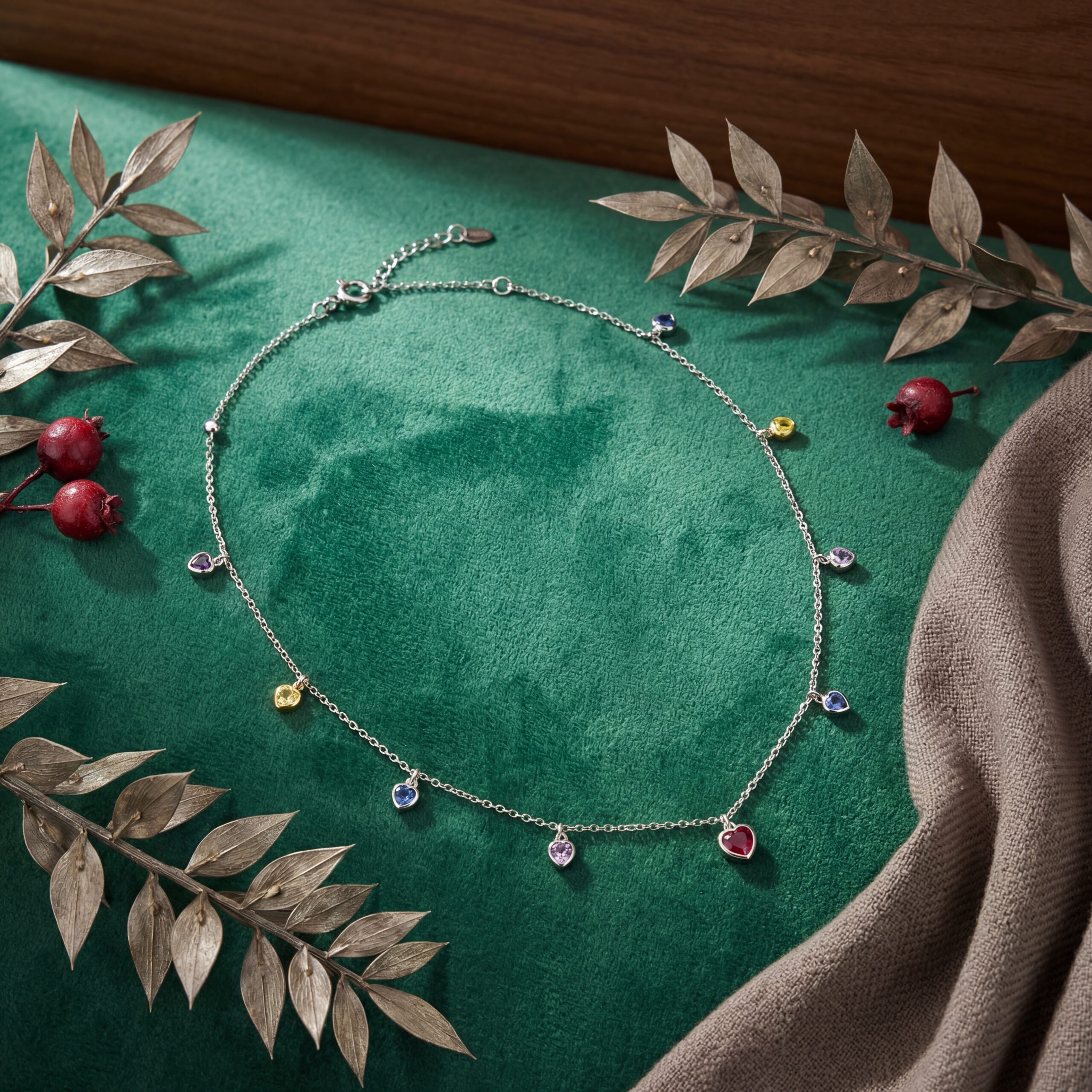 generated_20260224115423_b71052d2 Sterling Ekatva silver heart charm necklace flat lay product photography on green velvet background with decorative leaves.